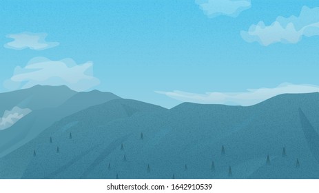 Vector mountains landscape. Panoramic illustration of rough hills with forest, summer rocks with pines and trees, clouds and blue sky. Background with grain texture