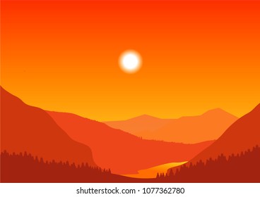 vector mountains landscape, river in the valley, evergreen forest and sunset sky illustration