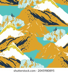 Vector mountains landscape seamless pattern. Surface design for fabric, wallpaper, scrapbooking, invitation card. Ochre, yellow, aquamarine green colors.