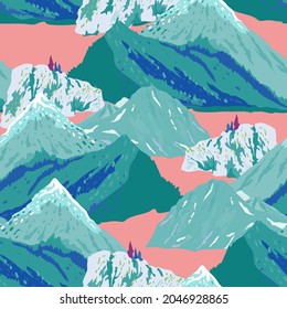 Vector mountains landscape seamless pattern. Surface design for fabric, wallpaper, scrapbooking, invitation card. Light blue, turquoise, green, pink colors.