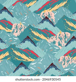 Vector mountains landscape seamless pattern. Surface design for fabric, wallpaper, scrapbooking, invitation card. Light blue, turquoise, green, pink, red, yellow colors.