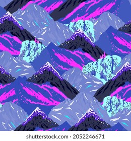 Vector mountains landscape seamless pattern. Surface design for fabric, wallpaper, scrapbooking, invitation card. Neon blue, violet, pink, lilac colors.