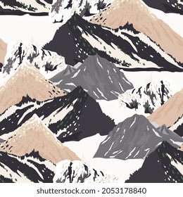 Vector mountains landscape seamless pattern. Surface design for fabric, wallpaper, scrapbooking, invitation card. Black, white, beige neutral colors.