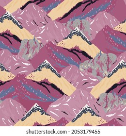 Vector mountains landscape seamless pattern. Surface design for fabric, wallpaper, scrapbooking, invitation card. Pink, beige, cream, plum, purple colors.