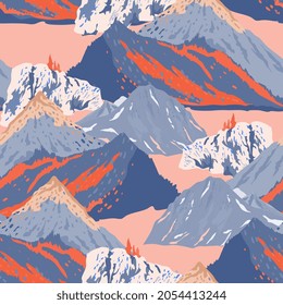 Vector mountains landscape seamless pattern. Surface design for fabric, wallpaper, scrapbooking, invitation card. Pink, red, blue colors.