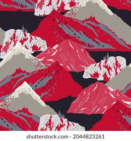 Vector mountains landscape seamless repeat pattern. Red, white, grey, black colors.