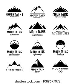 Vector mountains logo isolated on white. Mountains, rocks and peaks icons.