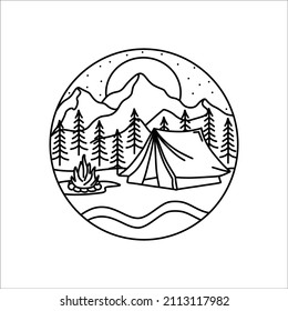 Vector mountains logo. Line art. Moon, stars and campfire. Black and white landscape. Camping, hiking symbol. Hand drawn travel illustration. Line icon. Sunset.