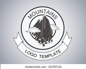 Vector mountains logo template. Vintage hand draw logo. Journey label. 