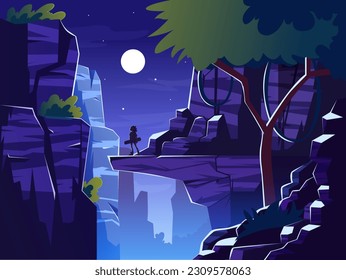 Vector mountains at night. nature park vector cartoon landscape with the canyon, rock cliff,