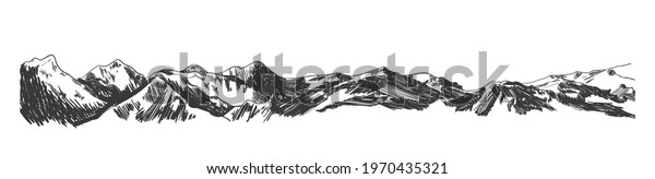 Vector Mountains Panoramic\
View, Hand Drawn Illustration, Black and White Drawing, Sketch\
Template.