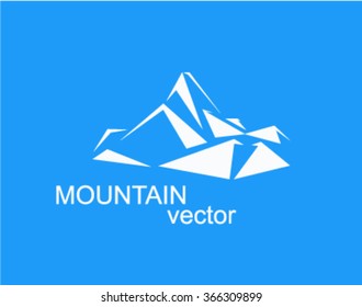  Vector mountains peak (Everest) logo.  Triangles art. Can be used as sports badge, emblem of mineral water, tourism banner, travel icon, sign, decor...  Blue background.