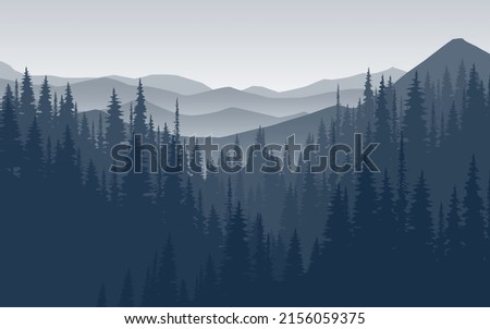 Vector mountains and pine forest in the morning.