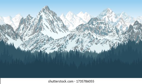 vector mountains range in forest - sealmess illustration