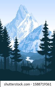 vector mountains with river and couple of white tailed deers	
