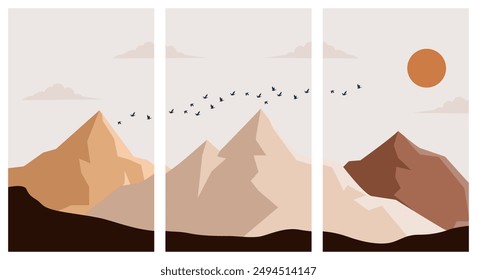 vector of mountains set with flock of birds, poster of mountains for decoration at sitting room or wall art, illustration design