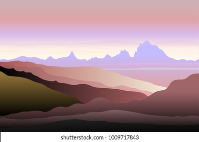 Vector mountains silhouette season. Dawn in the mountains. Rocks, sky, nature, fog. Concept mountaineering, adventure, freedom.