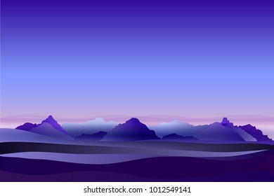 Vector mountains silhouette season. Dawn in the mountains. Rocks, sky, nature, fog. Concept mountaineering, adventure, freedom.