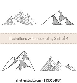 Vector mountains silhouettes set. 4 isolated illustrations.Hand drawn black mountains symbols. You can use it for winter camping logo,sign,travel labels, climbing,hiking badges,mug prints and more