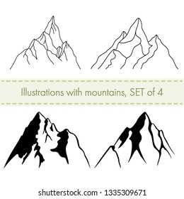 Vector mountains silhouettes set of 4 isolated illustrations.Hand drawn black mountains symbols.You can use it for winter camping logo,sign,travel labels, climbing,hiking badges,mug prints and more