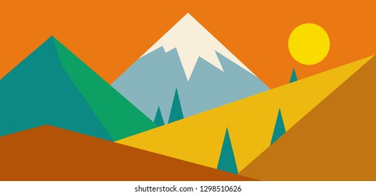 Vector mountains simple silhouette in desert colors with trees and sun. Brown orange flat illustration.