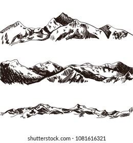 Dibujo De Montañas Vectoras, Ilustración Dibujada A Mano, Colinas grabadas.