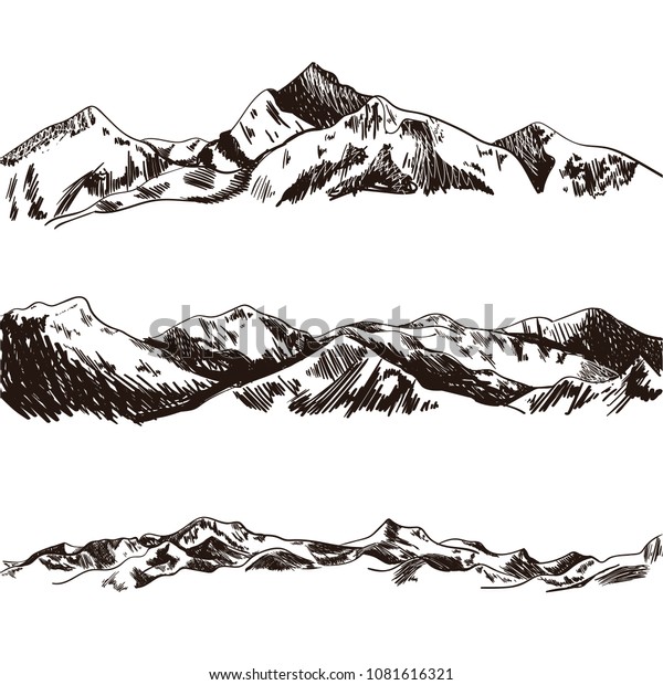 Vector Mountains Sketch, Hand Drawn Illustration,
Engraved Hills.