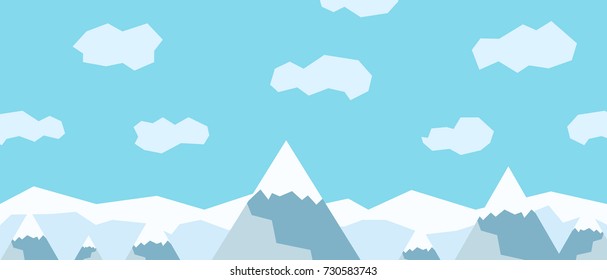 Vector mountains and sky with clouds. Beautiful geometric flat illustration. Winter