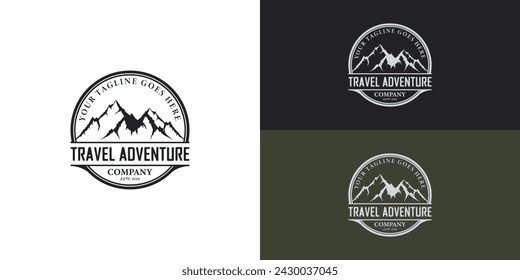 Vector Mountains travel adventure emblem in black color presented with multiple background colors. The logo is suitable for Outdoor activity business logo design inspiration templates.