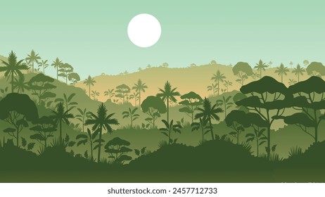 Vector mountains tropical rainforest Jungle background