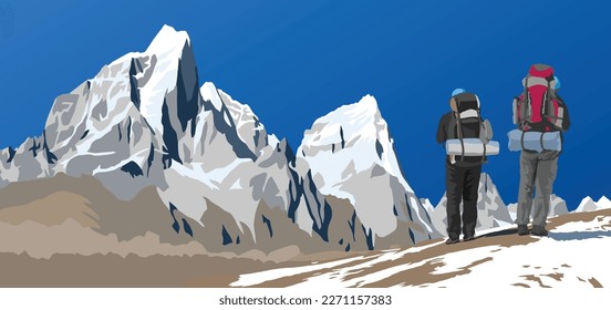 Vector of mounts Cholatse and Tabuche peak as seen from the way to Mount Everest base camp and two hikers with big backpacks, Nepal Himalayas mountains vectors illustration