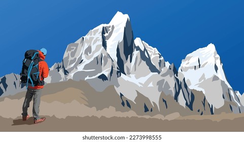 Vector of mounts Cholatse and Tabuche peak as seen from the way to Mount Everest base camp and  hiker with big backpack, Nepal Himalayas mountains vectors illustration