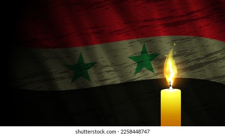 Vektortrauriges Banner. Eine helle brennende Kerze auf dem Hintergrund der syrischen Flagge. Ein Symbol der Trauer im Zusammenhang mit einem schrecklichen Erdbeben.