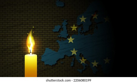 Vektorgrafik mit brennendem Wachs auf dem Hintergrund einer dunklen Karte der Europäischen Union mit einer Ziegelwand. Tapete oder Poster