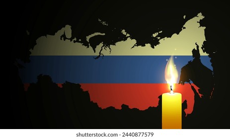 Vector triste vela de cera ardiendo en el fondo de un mapa oscuro de la Federación de Rusia. Papel pintado o póster