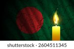Vector mourning banner. Burning candle on background of Peoples Republic of Bangladesh wavy cracked flag. Symbol of grief in connection with terrible earthquake.