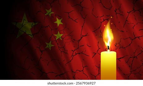 Vector mourning banner. Burning candle on background of Chinese wavy cracked flag. Symbol of grief in connection with terrible earthquake. China