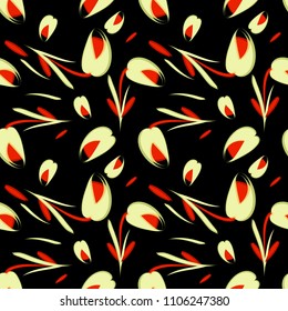 Vector mourning flowers and yellow tulips on a black background. For paper and fabrics.