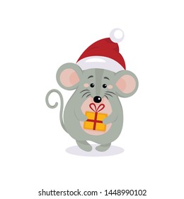 Vector mouse animal flat illustration for Christmas and new year design, symbol of 2020 in Chinese calendar. Cute gray rat on Santa hat with a gift. For party invitation, holiday icon, greeting card