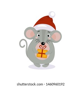Vector mouse animal flat illustration for Christmas and new year design, symbol of 2020 in Chinese calendar. Cute gray rat on Santa hat with a gift. For party invitation, holiday icon, greeting card