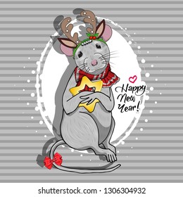 Vector mouse with christmas horns of a deer. Hand drawn illustration of dressed mouse with  christmas star. Happy New Year. 