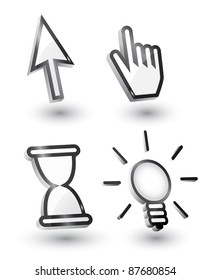 Vector mouse cursors (pointers): arrow, hand, bulb hourglass with shadow,3d