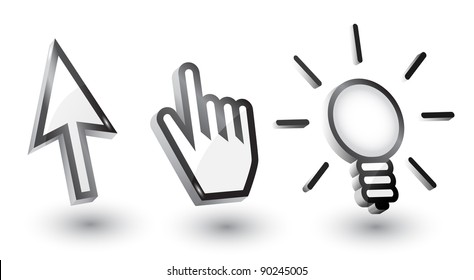 Vector mouse cursors (pointers): arrow, hand, bulb with shadow,3d