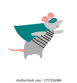 vector mouse cute cat baby.super hero child cartoon character. Modern simple illustration for paper clothes on white.
