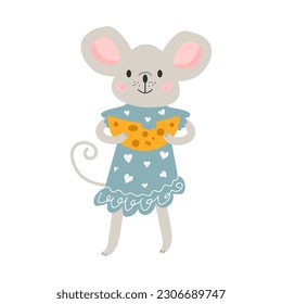 Vector mouse eating cheese. Gray cartoon mouse in a blue dress.  Cute children's vector illustration. White isolated background. 