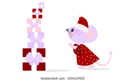 Vector mouse girl with gift boxes, Santa Claus dress. Symbol of 2020 Year