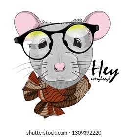Vector mouse with glasses  and knitted scarf. Hand drawn illustration of dressed rat.  