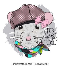 Vector mouse with hat and scarf. Hand drawn illustration of dressed rat.  