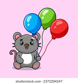 Vector mouse holding balloon cute cartoon vector icon illustration. animal nature icon concept creative kawaii cartoon mascot logo