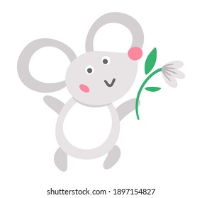 Vector mouse icon. Cute smiling animal with snowdrop isolated on white background. Adorable Easter illustration for kids. Funny spring character with flower.
